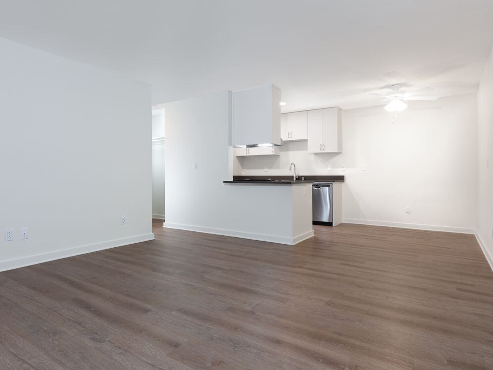 Living area and kitchen with hard surface flooring