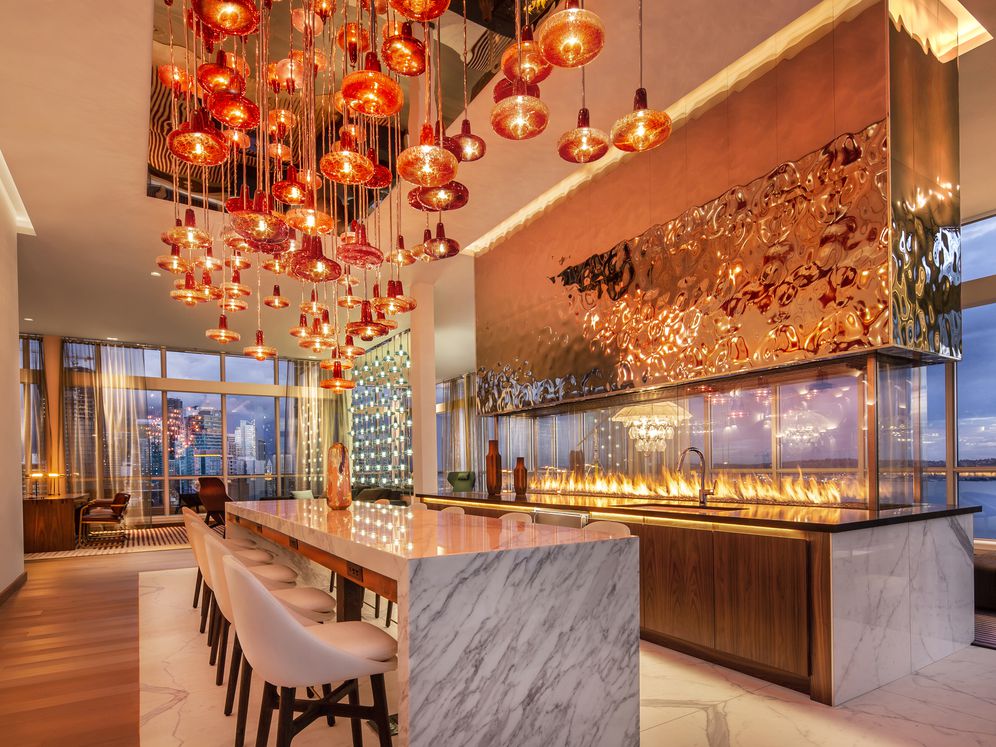 24th floor Sky Lounge with fireplace.