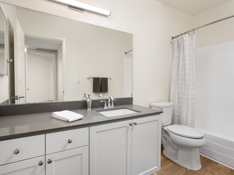 Renovated Bath with Quartz Countertop Hard Surface Flooring and Upgraded Fixtures
