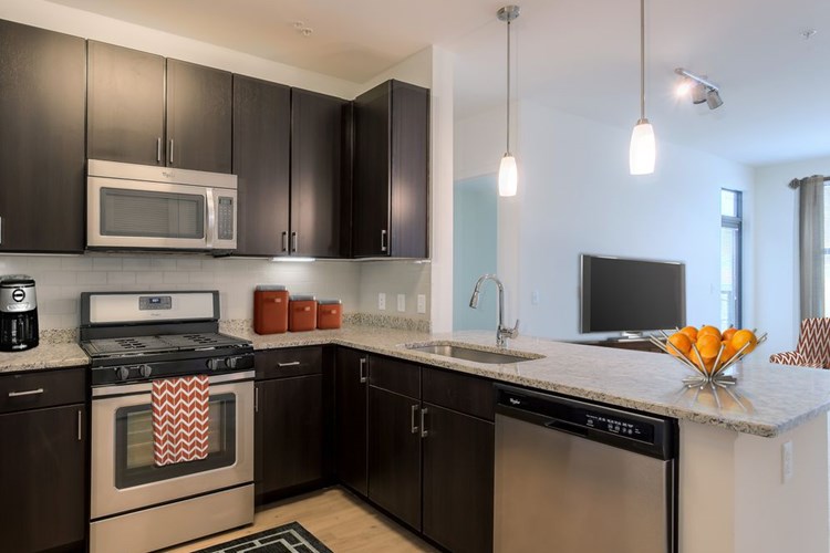 Classic Package kitchen with stainless steel appliances, white speckled granite countertops, espresso cabinetry, beige tile backsplash, and hard surface flooring