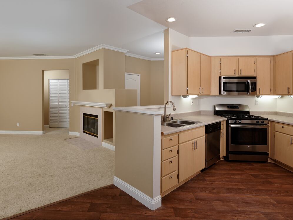 Kitchen and living room with hard surface flooring and carpet