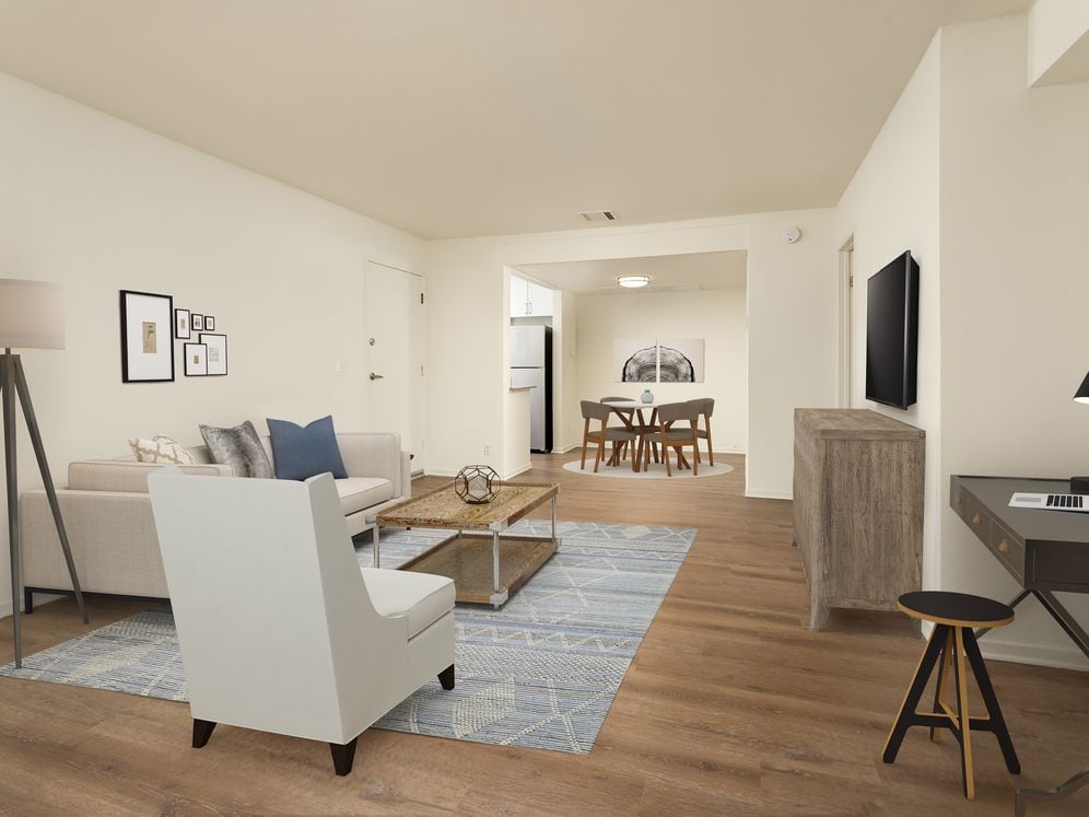 Renovated I living room with hard surface flooring