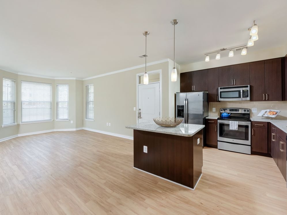 Living area and open concept kitchen with granite countertop, espresso cabinetry, stainless-steel appliances, kitchen island and hard surface flooring