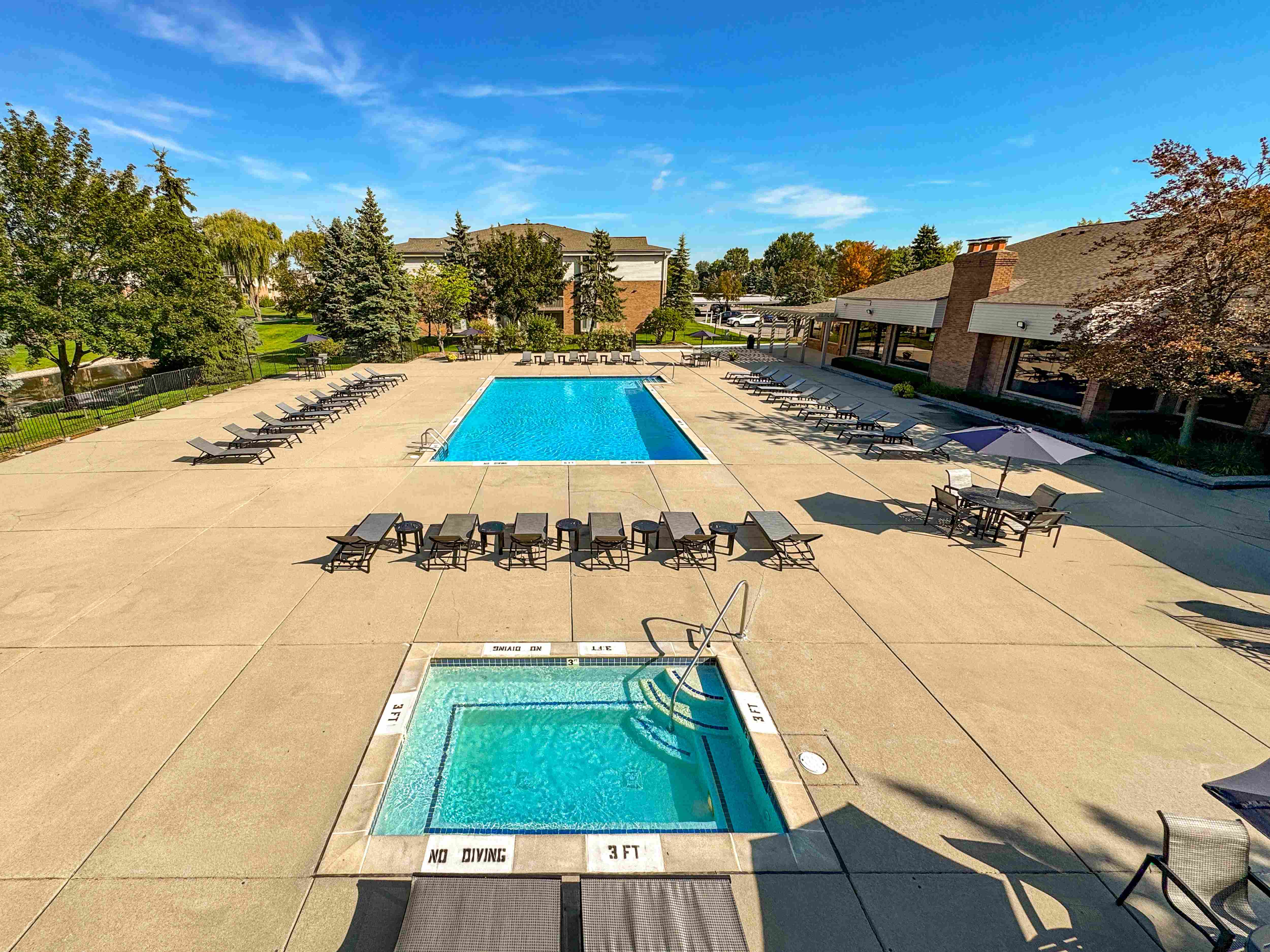 Heated pool and sauna at Prentiss Pointe Apartments in Harrison Township, MI