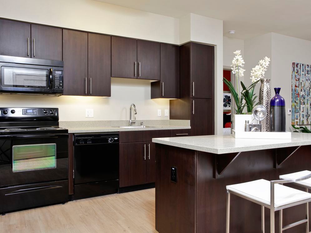 Kitchen with black appliances, grey speckled granite countertops, espresso cabinetry, and hard surface flooring