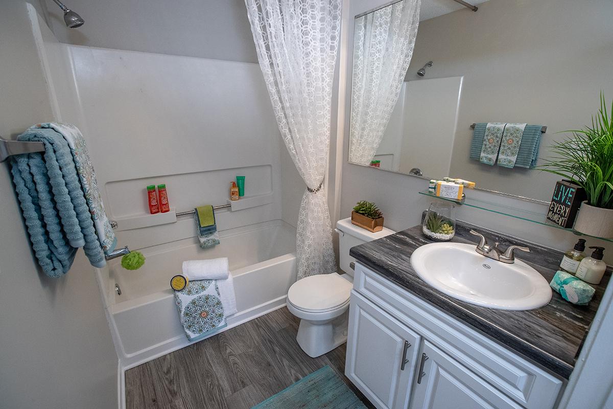 Spacious bathroom with extra storage space in the vanity. 