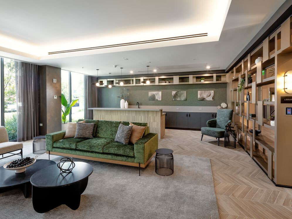 Library with kitchenette and lounge seating