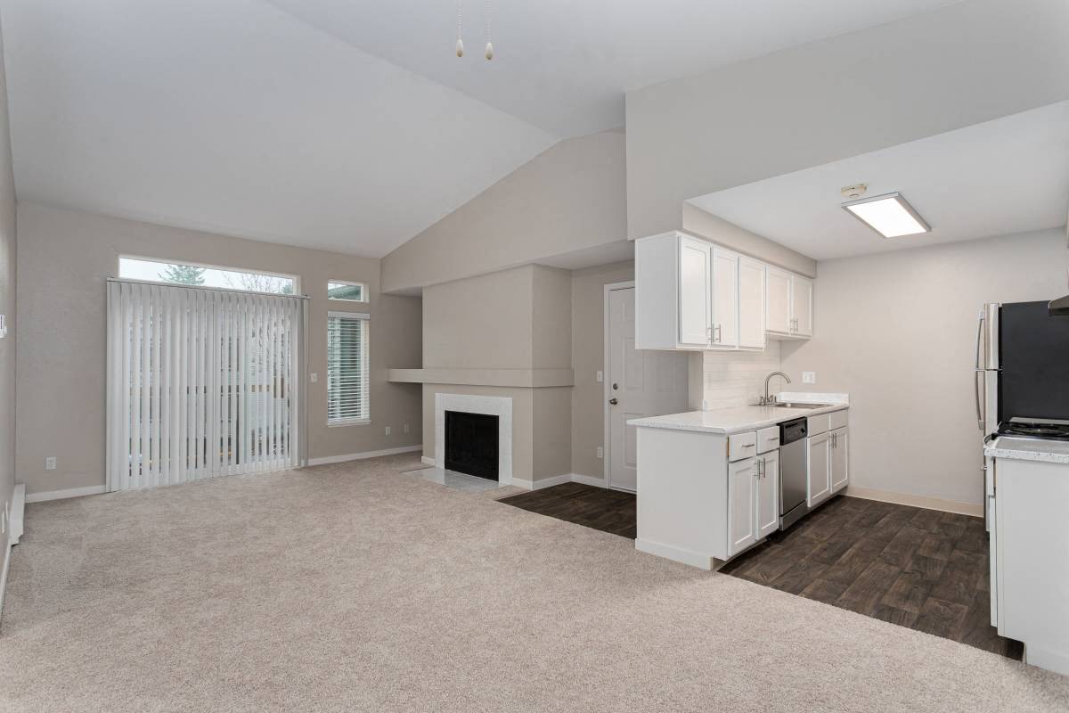 Novela Apartments Kitchen and Living Space with Fireplace