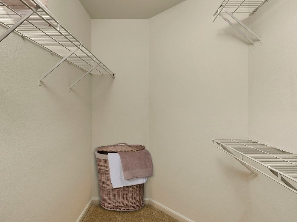 Walk-in closet with linen storage space and hanging racks