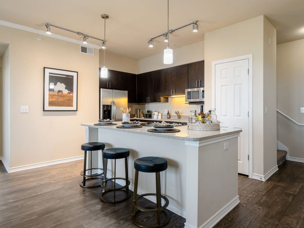Kitchens with dark cabinetry, beige speckled granite countertops, stainless steel appliances, and hard surface flooring