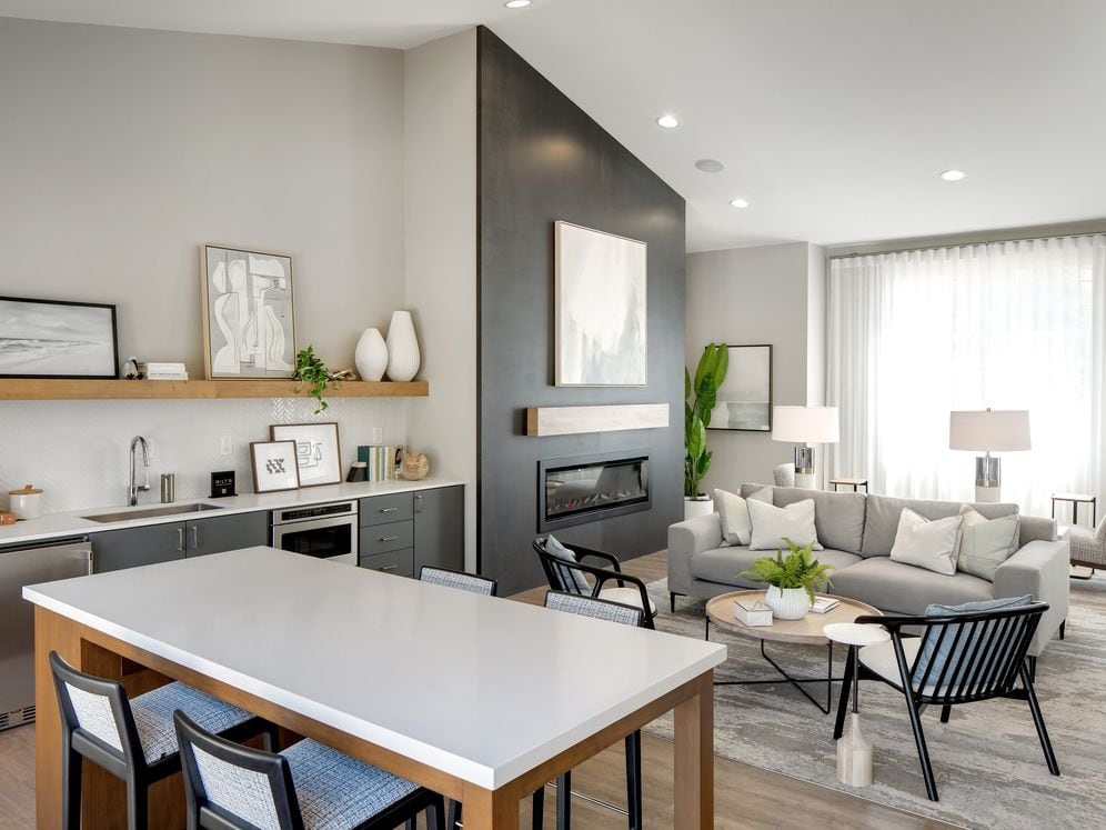 Coworking lounge with entertaining kitchenette and lounge seating