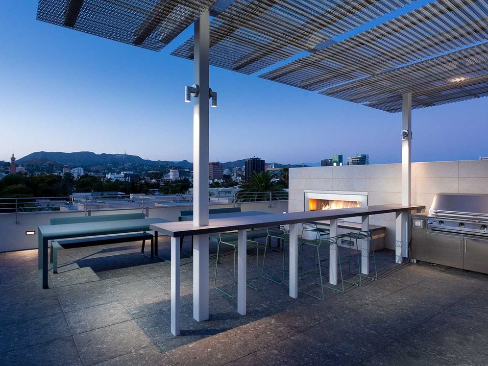 Roofdeck with outdoor fireplace, barbeque grills, flatscreen television and seating