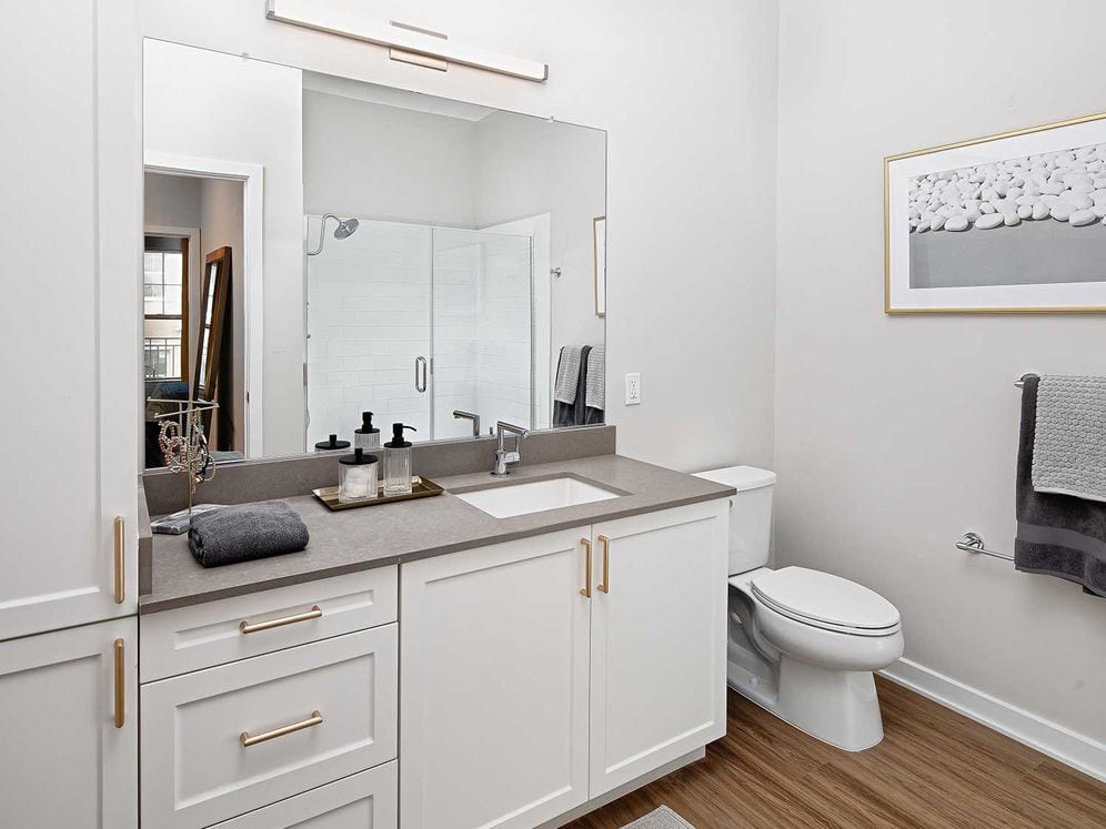 Classic Scheme bath with quartz countertops and hard surface flooring