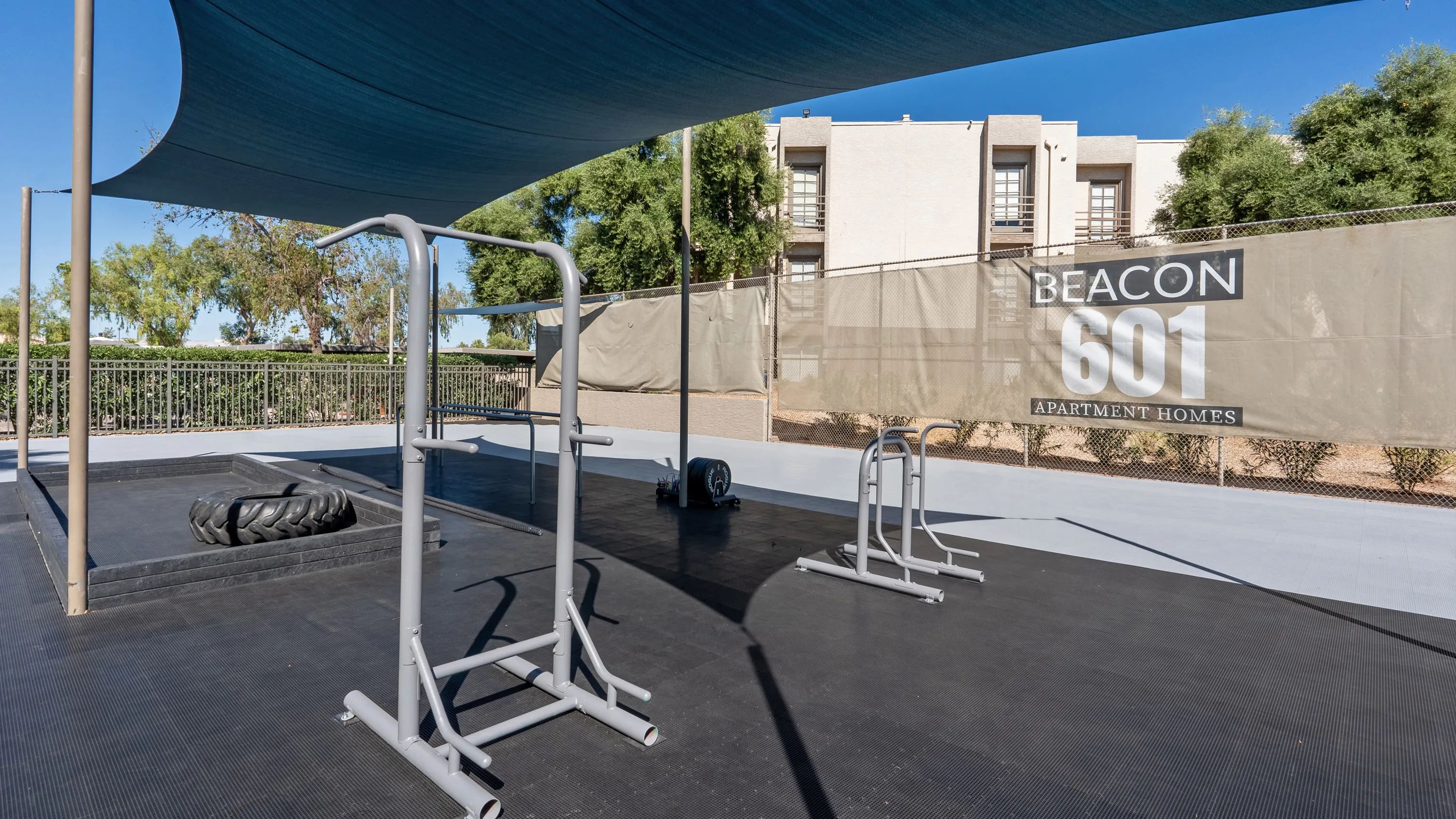Stay cool in our outdoor fitness center with shade. 