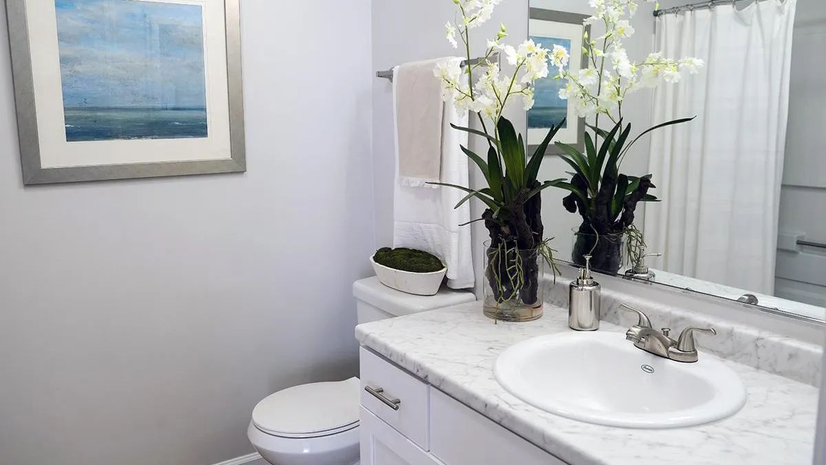 Our renovated bathrooms feature stunning marble-like countertops and gracious mirrors.