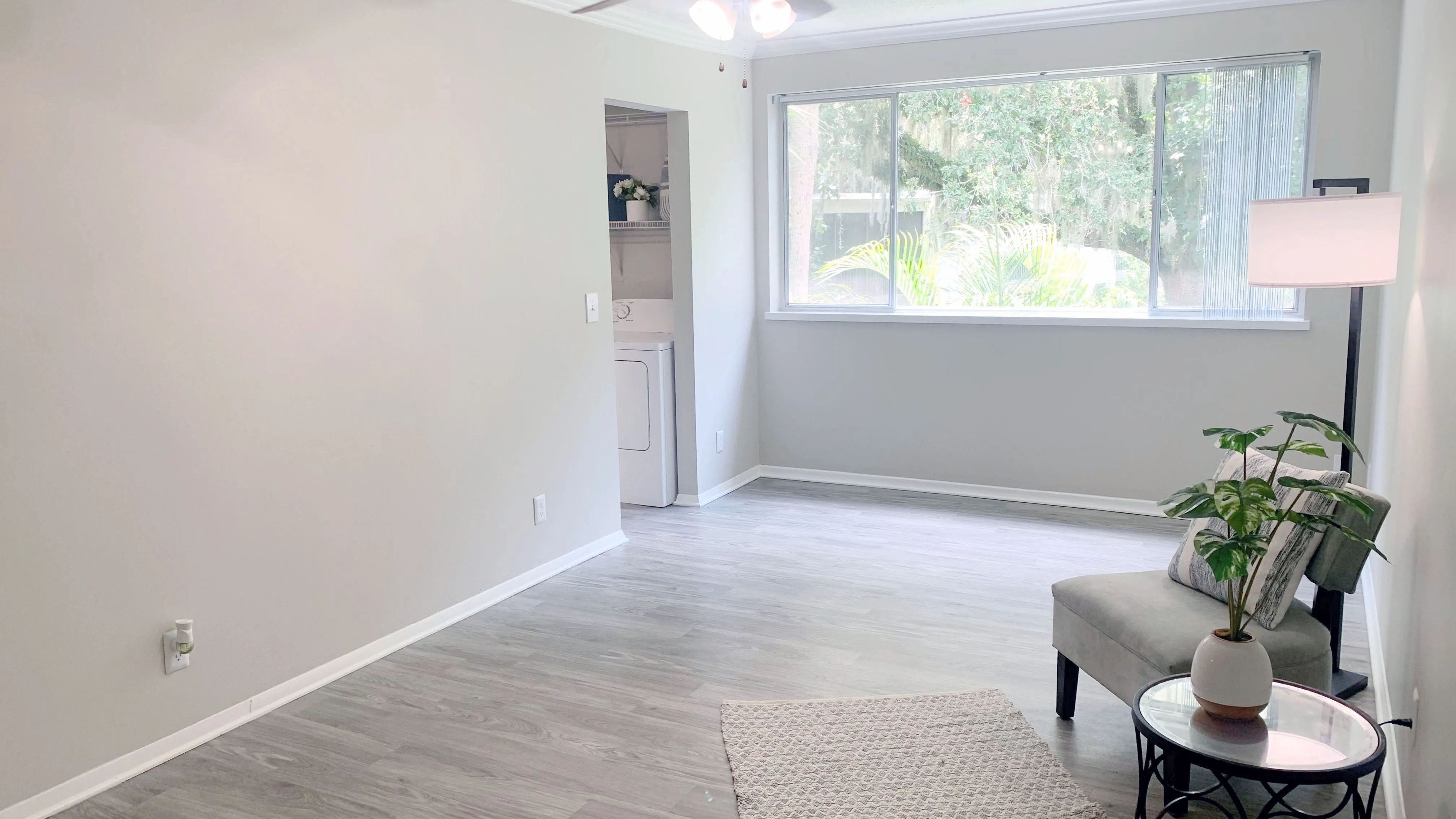 Savor our studio's captivating open living space, abundant with natural light from a grand window and complemented by the gentle breeze of a lighted ceiling fan. 