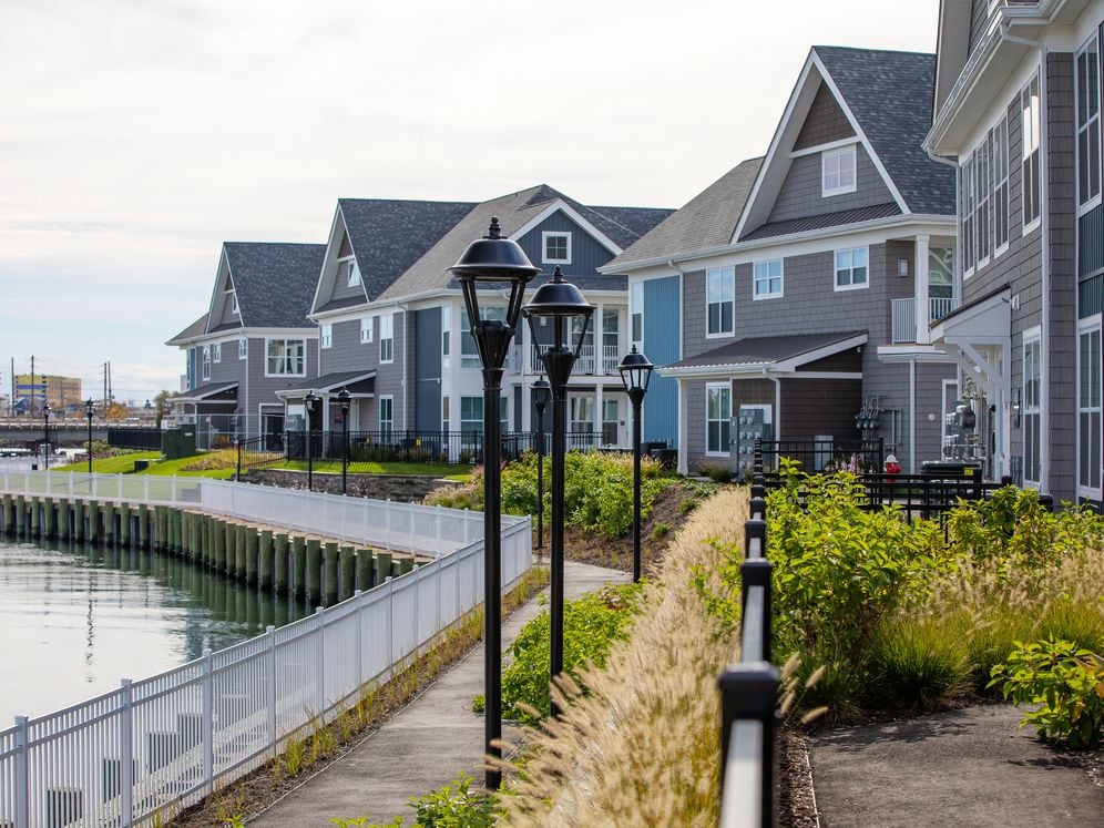 Building exteriors with waterfront views