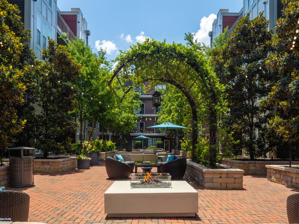 Courtyard with lounge seating and firepit