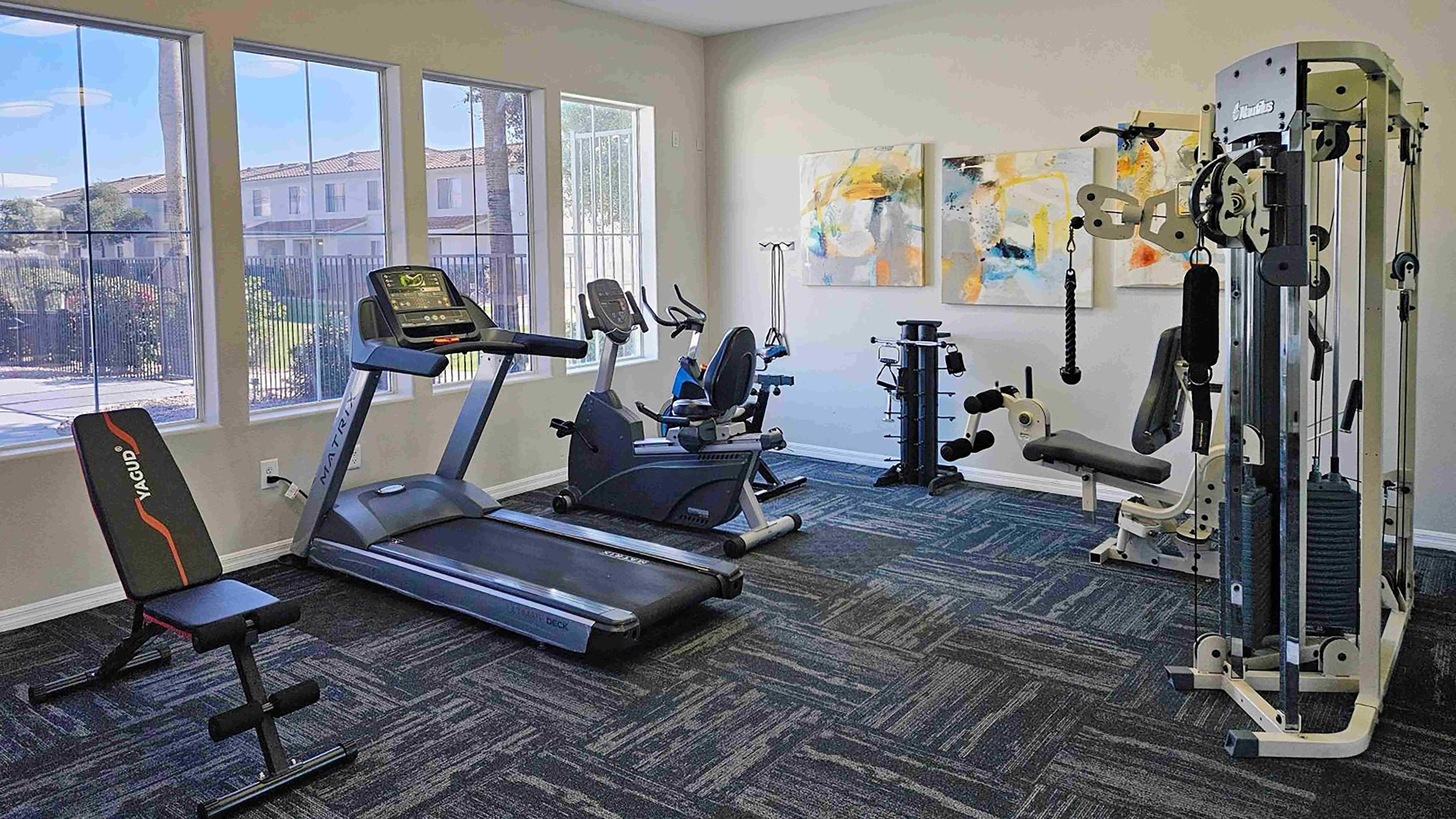 Stay active year-round in our fully equipped, air-conditioned fitness center, featuring treadmills, strength-training machines, and cardio equipment in a bright and welcoming space.
