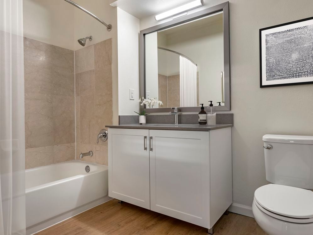 Renovated Package III bath with grey quartz countertops, white cabinetry, and hard surface plank flooring