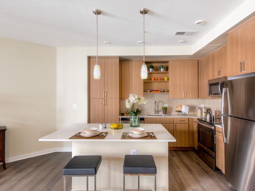 Open concept kitchen with quartz countertop, island, tile backsplash, stainless steel appliances and hard surface flooring