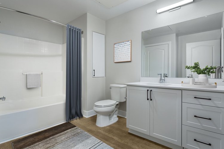 Renovated Package II bath with white cabinetry, white quartz countertop, and hard surface flooring