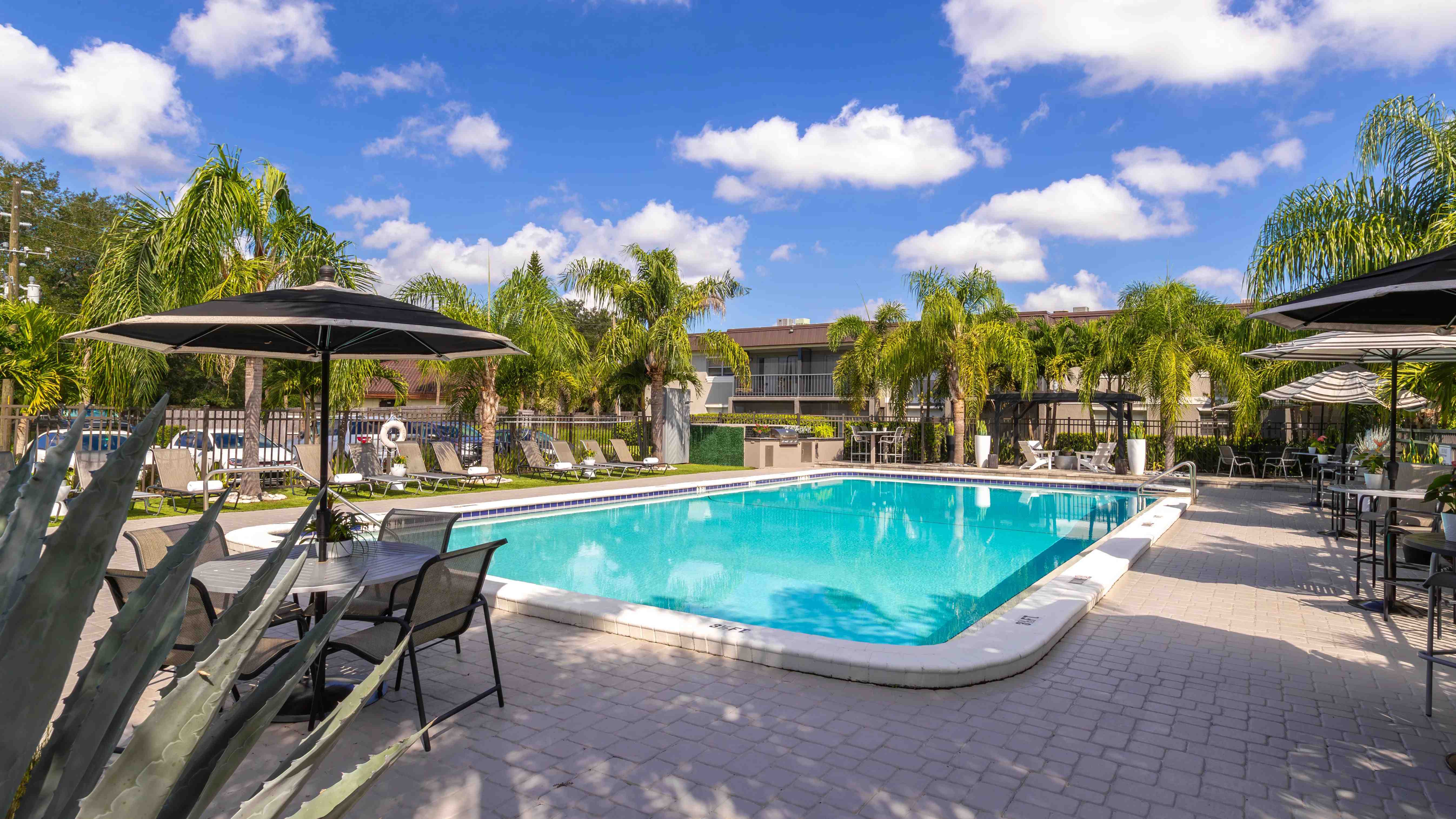 Enjoy a resort-style experience at our expansive sundeclk complete with lounge chairs, shaded tables, and tropical landscaping. Whether you're soaking up the sun or relaxing in the shade, this area offers the perfect retreat for our residents.