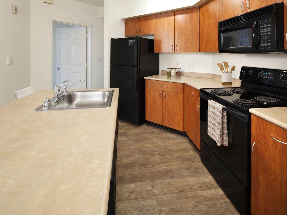 Classic Package I kitchen with laminate countertops, oak cabinetry, black appliances, and hard surface flooring