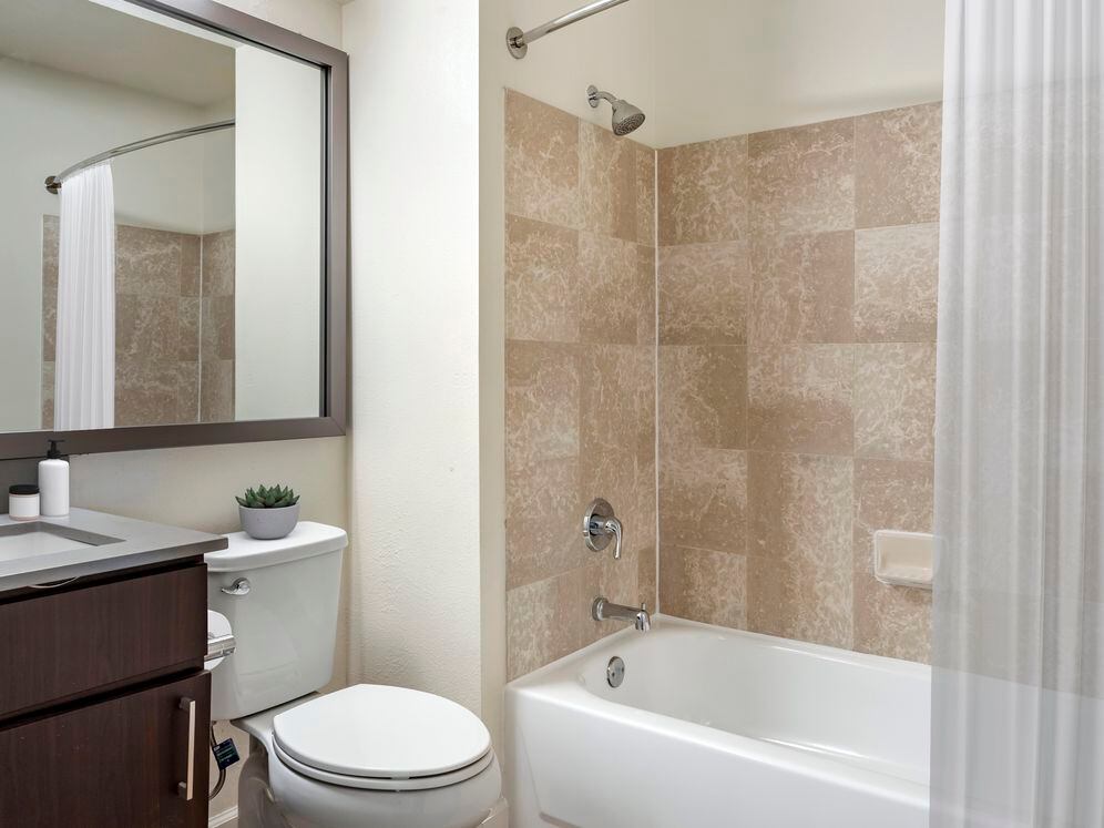 Renovated Package II bath with espresso cabinetry, grey quartz countertops, and hard surface plank flooring