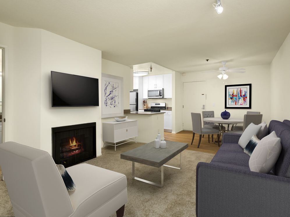 Renovated I kitchen, dining, and living areas